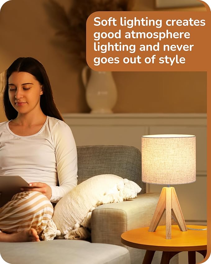 EDISHINE Small Table Lamp, Boho Bedside Lamp with Linen Fabric Shade, Wood Tripod Nightstand Lamp for Nursery, Living Room, Bedroom, Narrow End Table, UL Listed, 14.2 Inch, ON/Off Switch - Bloomnest