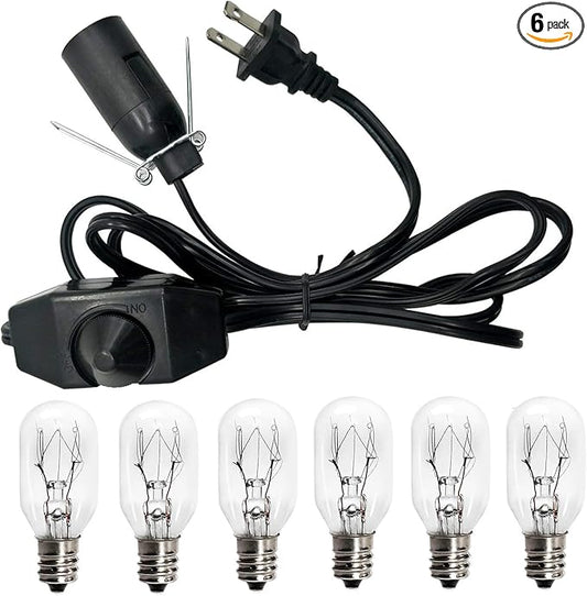 haraqi Salt Lamp Cord and Bulbs,Himalayan Salt Lamp Replacement Cord with Dimmer Switch,Original UL Listed Cord Bulb Replacement for Salt Rock Lamp with 6 Pack 25 Watt E12 Bulbs