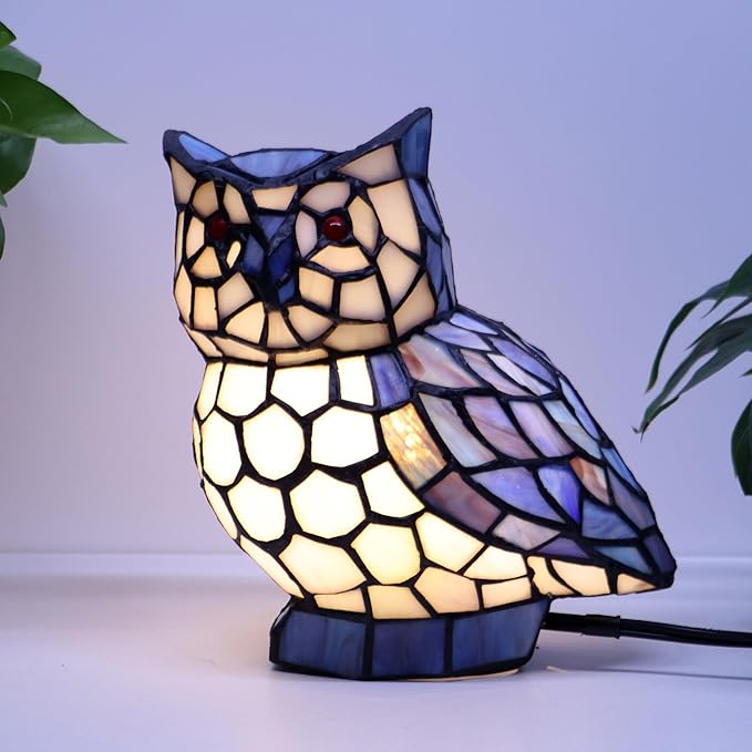 Tiffany Owl Lamp Blue and White Stained Glass Animal Table Lamp Accent Lamp - Bloomnest