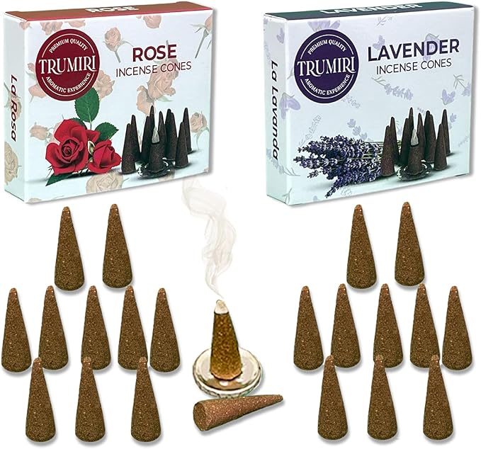 TRUMIRI Incense Cones - Combo Pack of 20 Cone Incense - 10 Rose + 10 Lavender - Insence Cones - Incense Cones Scented - Cone Incense Scents - Insense Cones - Incent Cone TRUMIRI