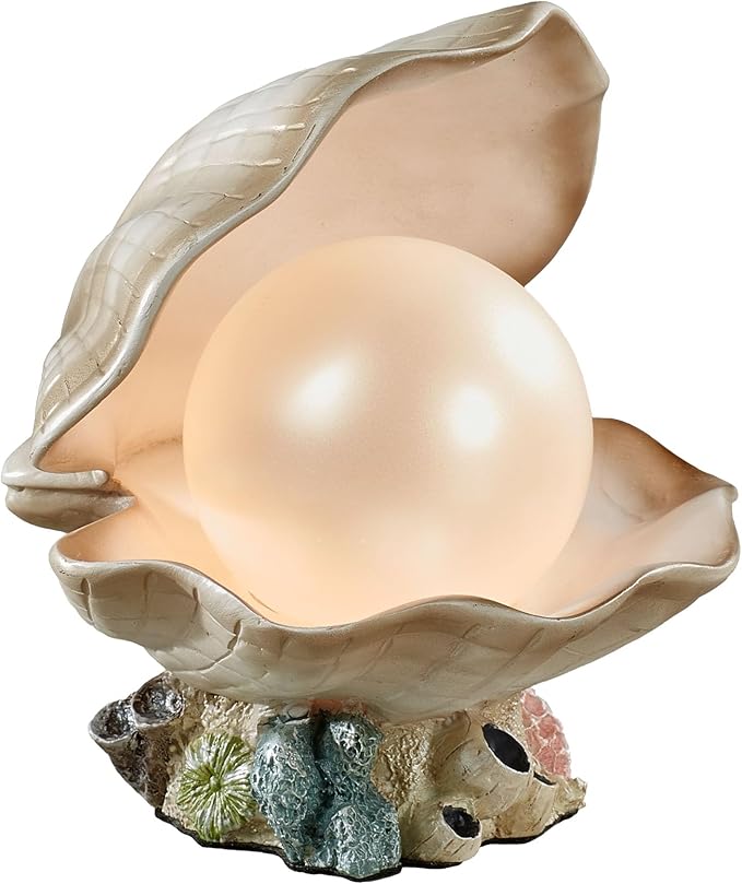 Clamshell Pearl Accent Lamp Night Light Ivory - Handcrafted Resin Clam - Coastal Style Lighting - Nautical Theme - Ocean Nightlight Bulb Included with Beach Shell Decoration - 7 Inches High - Bloomnest