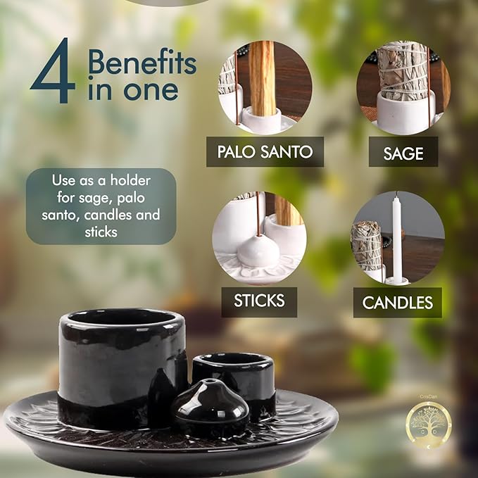 4-in-1 Palo Santo Holder, Sage & Incense Stick Burner – Ceramic White Ash Catcher Tray for Meditation, Yoga, Smudging & Spiritual Cleansing – Incense Holder for Sticks & Sage - Bloomnest