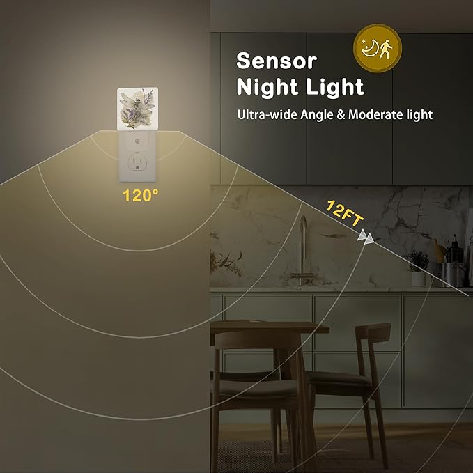 Dragonfly Watercolor Night Light with Dusk to Dawn Light Sensors, Plug-in Wall Led Night Lights, Energy Efficient Lamp for Bedroom/Bathroom/Kitchen/Hallway/Stairs - Bloomnest