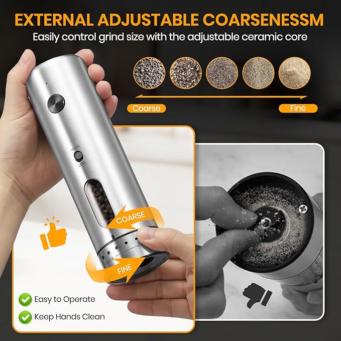 Electric Salt Grinder Set with Rechargeable Base Stainless Steel Grinders with Variable Grinding Speed, External Adjustable Coarseness and White LED Light, Silver - Bloomnest