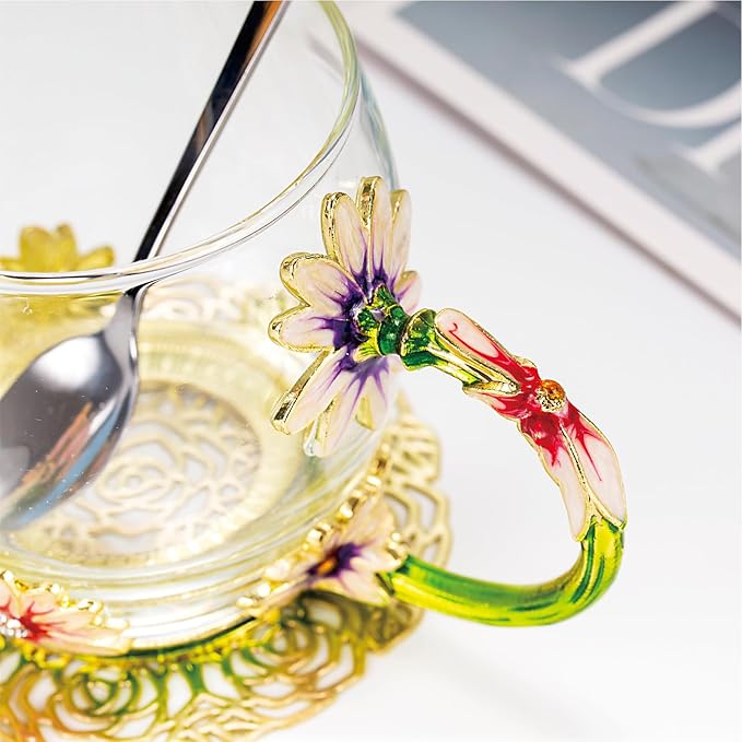 Flower Tea Cup ,Daisy Flower Clear Glass Fancy Coffee Cup with Spoon,Gift Box for Her Mom Wife Grandma Girls Friends Valentines Christmas Birthday Present Idea for Juice,Hot And Cold Drinks Use - Bloomnest
