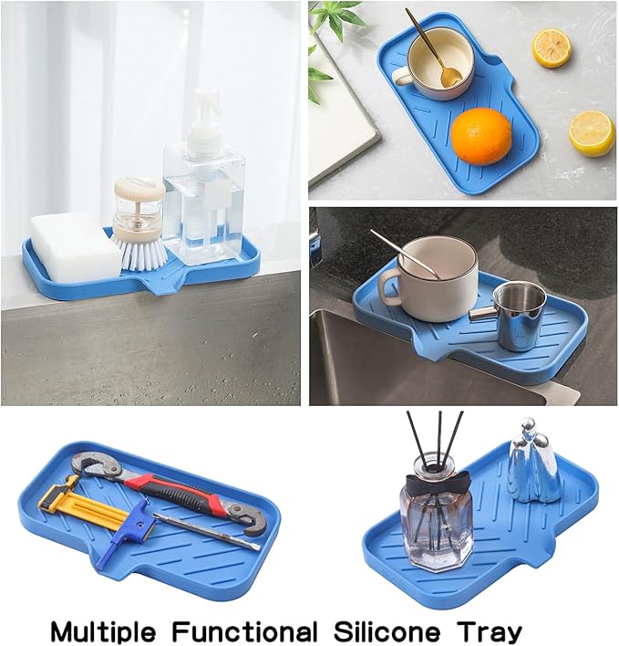 Silicone Bathroom Soap Dishes with Drain Spout Bathroom and Kitchen Sink Organizer,Sponge Holder,Dish Soap Tray,Perfect for Dispenser,Scrubber,Bottle,Cup on Counter Lichen Blue 9.6"×5.3" - Bloomnest