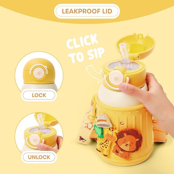 Kids Insulated Tumbler Set – 16oz Stainless Steel Water Bottle with Straw & Pour Lids, Screw-On Cup, Adjustable Strap, Silicone Sleeve & Charms – Leakproof BPA-Free Bottle for Boys & Girls - Bloomnest