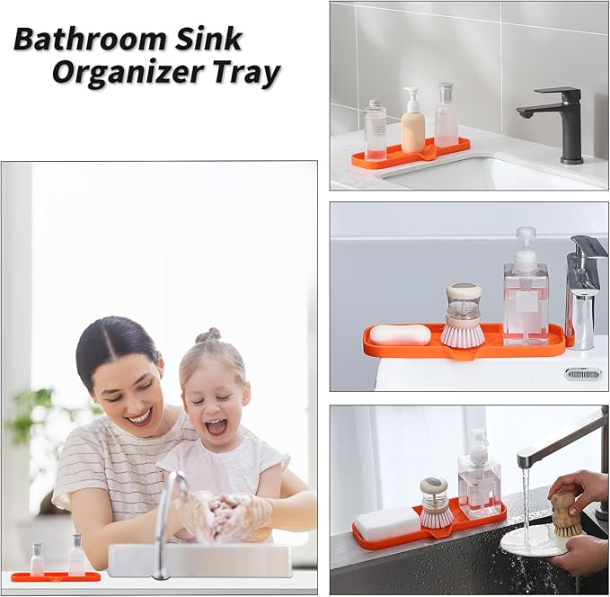 Silicone Bathroom Soap Dishes with Drain Spout-Bathroom and Kitchen Sink Organizer,Sponge Holder,Dish Soap Tray,Perfect for Dispenser,Scrubber,Bottle,Cup on Sink or Counter-Orange 12"×4" - Bloomnest