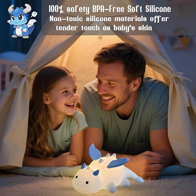 Dragon Night Light, Cute Baby Dragon Gifts, Soft Silicone Lamp with 3 Level Warm Light and RGB Changing, Breastfeeding Nursery Portable Kawaii Bedside Lamp for Baby, Toddler, Boys and Girls - Bloomnest