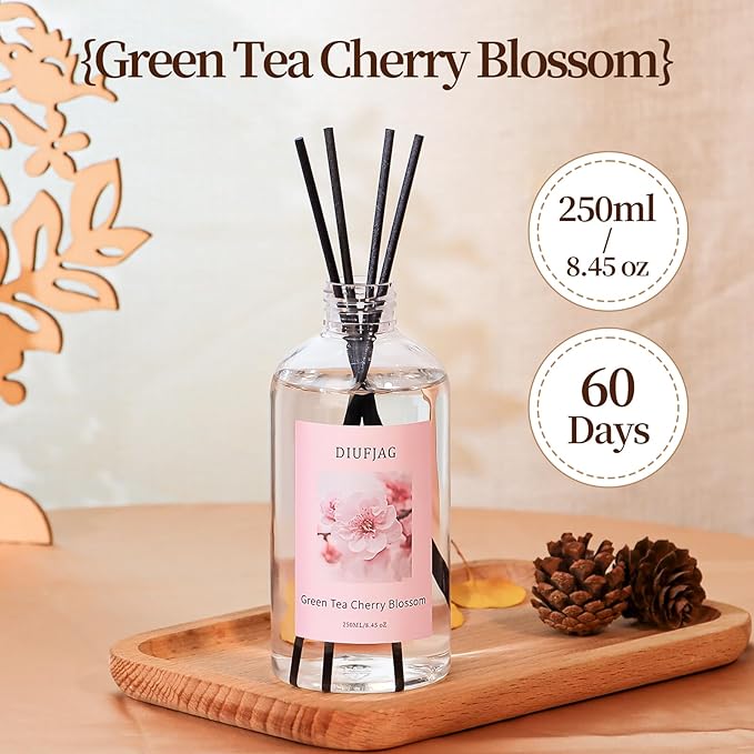 Green Tea Cherry Blossom Diffuser with 20 Black Fiber Sticks, 6.7 oz Diffusers for Home Essentials Bathroom,Last up to 60 Days（200ml - Bloomnest