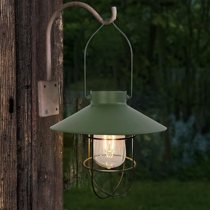 pearlstar Solar Lantern Outdoor Hanging Light Metal Farmhouse Solar Lamp with Warm White Edison Bulb Design for Garden Yard Patio Proch Decor(Green) - Bloomnest