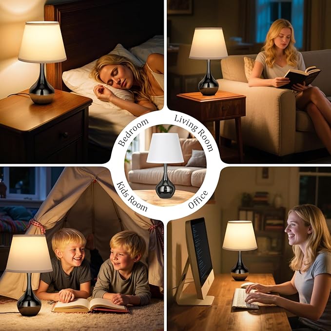 Seealle Touch Table Lamp for Bedroom, 3-Way Dimmable Small Bedside Lamps for Night Stands with Wires, Pearl-Black Desk Lamp for Kids Room, Office, Living Room, End Table(LED Bulb Included) - Bloomnest