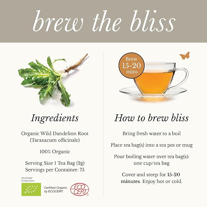 Wild Bliss Organic Wild Raw Dandelion Root Tea - Pharmacopoeia Quality Caffeine Free Herbal Detox Support - 75 Plant Based Tea Bags - Bloomnest