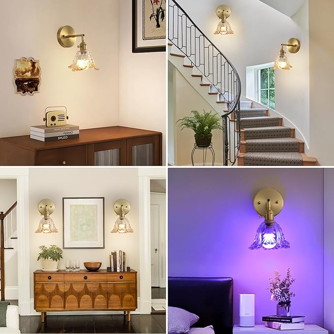 2 Pack Vintage Battery Operated Wall Sconces, Cabbage Amber Lampshade & 180 Degree Adjustable, Wireless Rechargeable RGB Wall Light with Remote Control, for Bedroom Living Room Hallway Aisle - Bloomnest