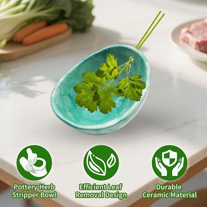 Herb Stripper, Herb Chopper, Herb Stripper Bowl, Kitchen Herb Stripping Tool for Kale, Small Pottery Herb Stripper Ceramic Bowl, Suitable for Peeling off the Leafy Assembly (Celadon Glaze) - Bloomnest
