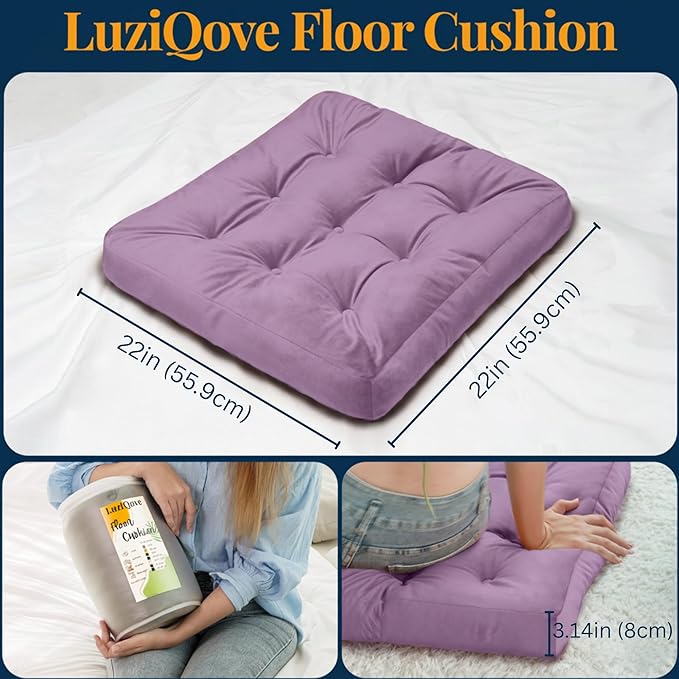Velvet Floor Pillow,Square Large Pillows Seating for Adults, Tufted Cushions for Meditation Yoga Tatami Living Room Chair Booster Machine-Washable & Dryer-Safe, Lavender, 22x22 Inch - Bloomnest
