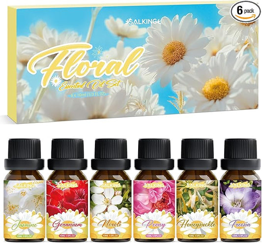 SALKING Essential Oils Gift Set, 100% Pure Fragrance Oil Aromatherapy Essential Oils Set,Premium Scented Oils for Oil Diffusers 6 x 10 ML - Jasmine, Neroli, Honeysuckle, Peony, Geranium, Freesia - Bloomnest