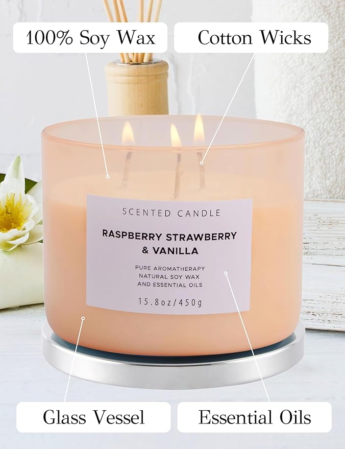 Raspberry Strawberry Vanilla 3 Wick Candle - Large 15.8 oz Soy Scented Candle, Strong Throw & Long Lasting - Fruity Berry Vanilla Candle - Aromatherapy Gift Candle for Home - Bloomnest