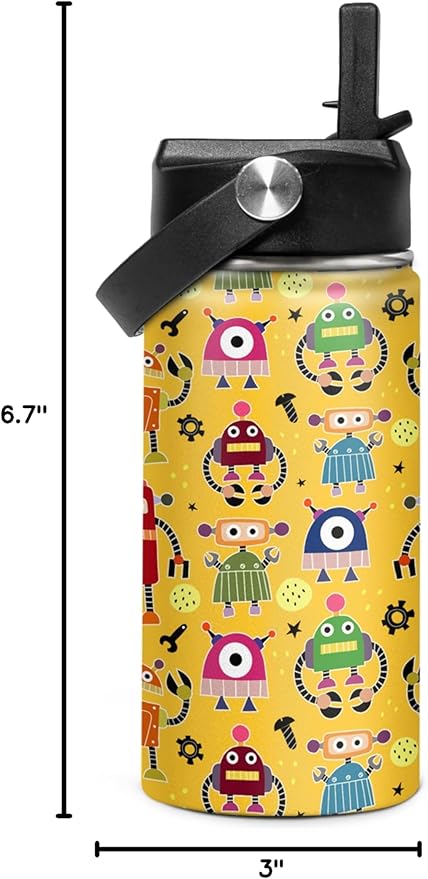 Kids Water Bottle with Straw Robot Insulated Water Bottles 12oz Stainless Steel Travel School Tumbler Double Wall Vacuum Cup for Boys Kid - Bloomnest