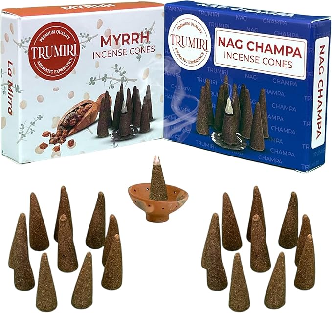 TRUMIRI Incense Cones - Combo Pack of 20 Cone Incense - 10 Myrrh + 10 Nag Champa - Insence Cones - Incense Cones Scented - Cone Incense Scents - Insense Cones - Incent Cone TRUMIRI