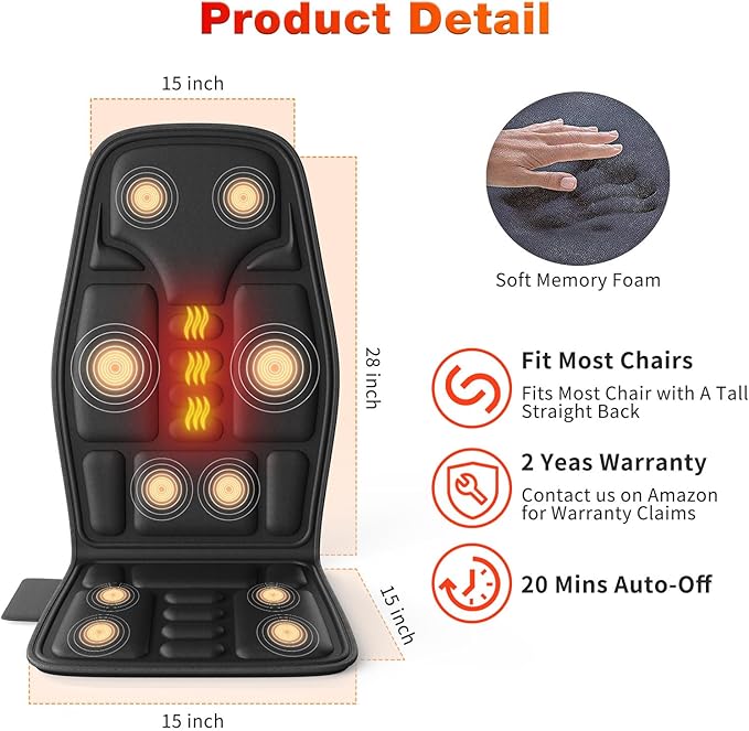 Back Massager with Heat for Pain Relief, Back Massage Chair Pad, Full Body Massage, Deep Tissue Vibration Massager with 2 Adapters, Office and Recliner - Bloomnest