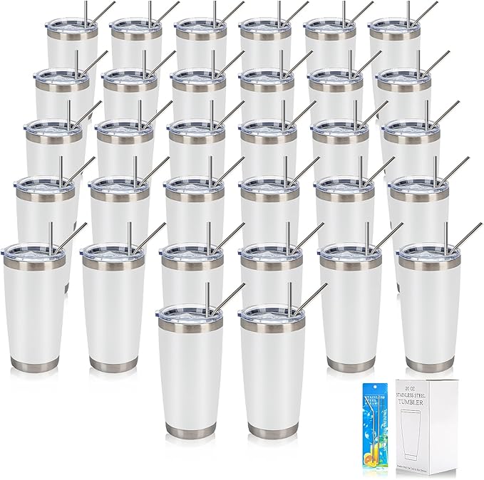 IEOVIEE 32 Pack, 20oz Stainless Steel Bulk Tumblers with Lids and Straws, Double Wall Insulated Travel Mug, Durable Powder Coated Tumbler Bulk Cup for Cold and Hot Drinks(White) - Bloomnest