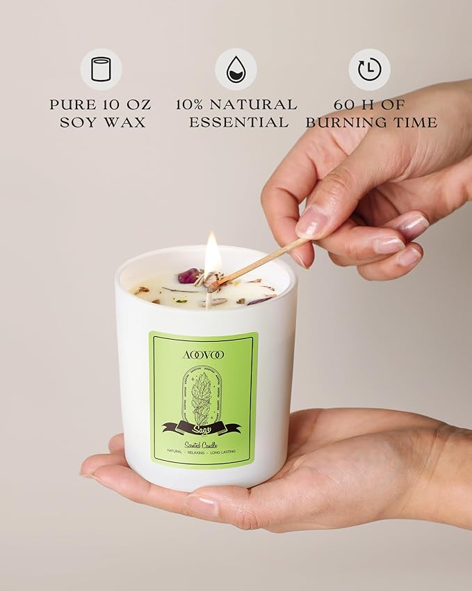 AOOVOO Sage Scented Candles for Women - Aromatherapy Candle with Crystals Inside, 10oz Soy Candles for Home Scented, Birthday Gifts Christmas Candle for Women Mom - Bloomnest