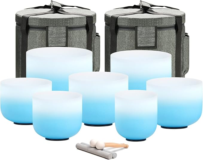 CVNC 432HZ 6-12 Inch Azure Blue Color Aria Gradient Design Frosted Quartz Crystal Singing Bowls Chakra Set of 7 with Carry Case Bags for Sound Healing and Meditation - Bloomnest