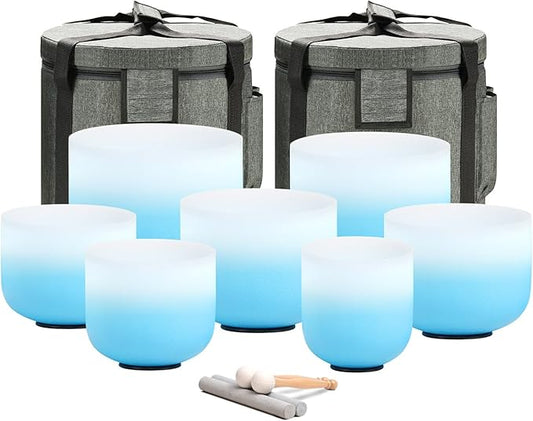 CVNC 432HZ 6-12 Inch Azure Blue Color Aria Gradient Design Frosted Quartz Crystal Singing Bowls Chakra Set of 7 with Carry Case Bags for Sound Healing and Meditation - Bloomnest