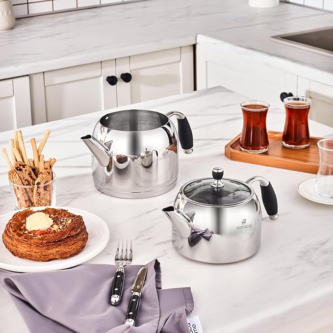 Karaca Stella Stainless Steel Turkish Teapot Set XL, 1L Tea Pot & 2L Water Tank (Kettle), Stove Top/Induction Compatible, Elegant Silver Color, Easy to Clean, Heat-Resistant Handles - Bloomnest