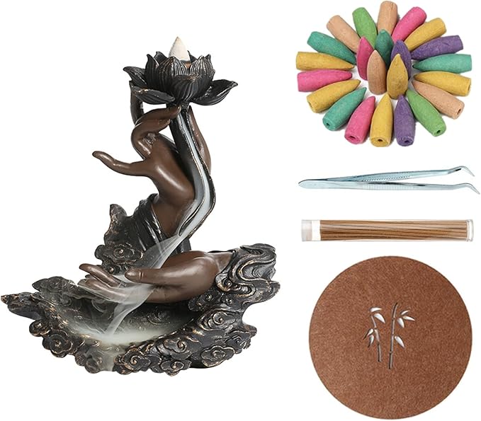 Comeon Backflow Incense Burner Handmade Resin Waterfall Incense Holder Ruyi Zen Hand Incense Waterfall Burner Home Decor + 20 Backflow Incense Cones 30 Incense Sticks 1 Tweezer 1 Mat - Bloomnest