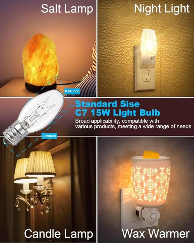 Salt Lamp Bulbs - 15 Watt Light Bulbs for Scentsy Wax Warmer - C7 Replacement Bulbs for Plug in Wax Diffuser- Warmwhite - Dimmable,15 Packs - Bloomnest