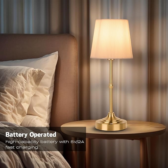 Rechargeable Table Lamp, Cordless Touch Lamps, Portable Desk Light with Stepless Dimmable Brightness & Fabric Shade for Nightstand Bedside Living Room (Gold, Twill) - Bloomnest