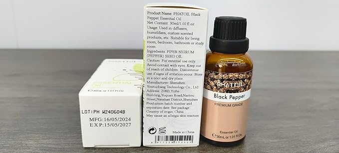 Black Pepper Essential Oil, 1.01Fl.Oz (30ML) PHATOIL Pure Essential Oil Singles for Aromatherapy Diffusers, Humidifiers, Great for DIY Candle and Soap Making, Gift for Friend PHATOIL