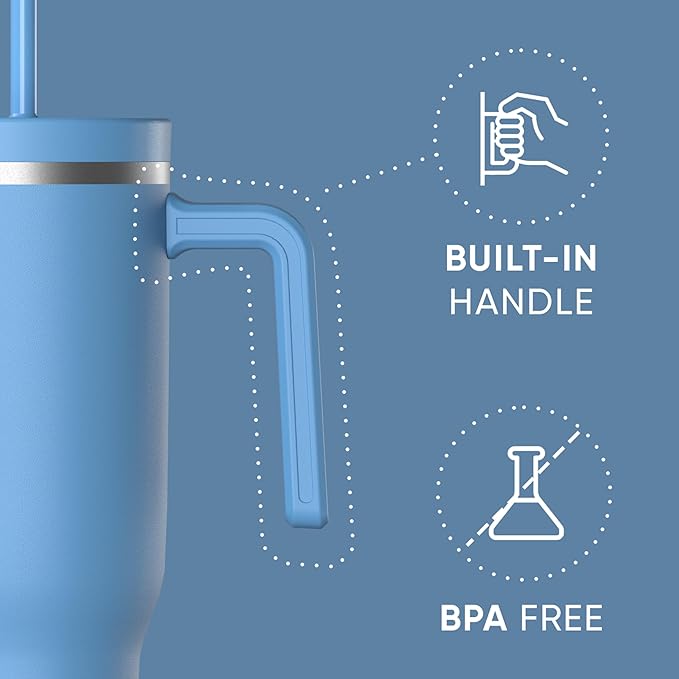 Hydrapeak Voyager 40 Oz Stainless Steel Tumbler with Handle, Insulated Water Bottle With Straw & Lid, Cupholder Friendly Reusable Travel Mug (Maya) - Bloomnest