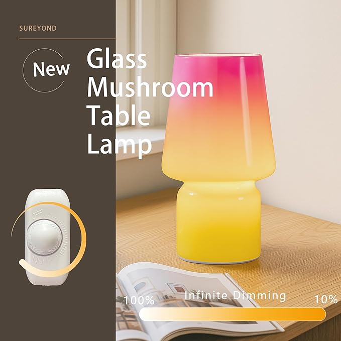 Mushroom Lamp,Mother's Day Gifts,Small Table Lamp,Cute Nightstand Kitchen Mini Lamp,Glass Table Lamp,Suitable for Bedrooms, Kitchens, Living Rooms, Bedside, Girl Gifts（Pink Gradient） - Bloomnest
