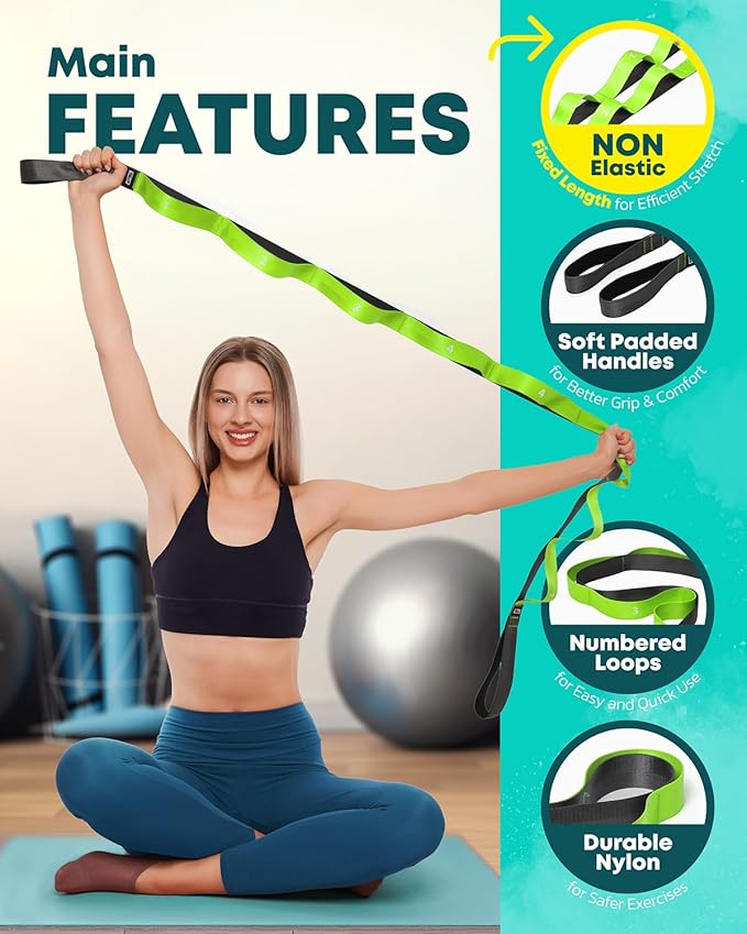 Stretching Strap with Loops - Non Elastic Stretch Band for Physical Therapy, Yoga Strap for Stretching Equipment, Stretch Bands for Exercise and Flexibility - Fascia, Hamstring & Leg Stretcher Belt - Bloomnest