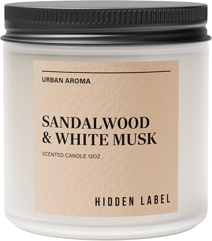 Hidden Label Sandalwood & White Musk Scented Candle - 12oz Natural Soy Non Toxic 70H Burn Time 2 Wick Aromatherapy Candle for Home Decor,Stress Relief & Relaxation - Bloomnest