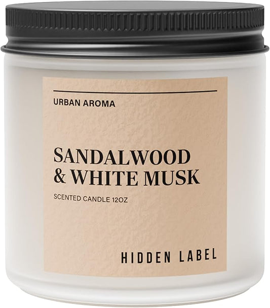 Hidden Label Sandalwood & White Musk Scented Candle - 12oz Natural Soy Non Toxic 70H Burn Time 2 Wick Aromatherapy Candle for Home Decor,Stress Relief & Relaxation - Bloomnest