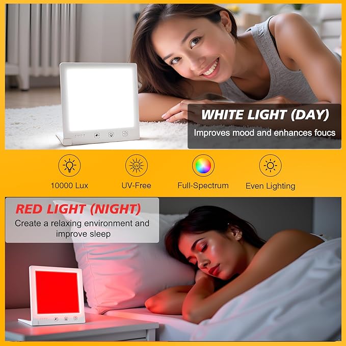 Sun Light Therapy Lamp with Red Light - 10000 Lux LED Sun Light Therapy Lamp for Face, Improving Mood, Energy, Sleep & Skin Care, with 4 Light Modes & 5 Brightness Levels, Timer, UV-Free Bloomnest