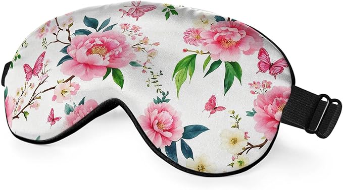 Pink Cherry Eye Mask Sleeping Mask Flower Peony Plum Branches Flying Butterflies Sleep Masks Silky Soft Eye Cover for Women Men Shading Blindfold for Air Travel Sleeping - Bloomnest