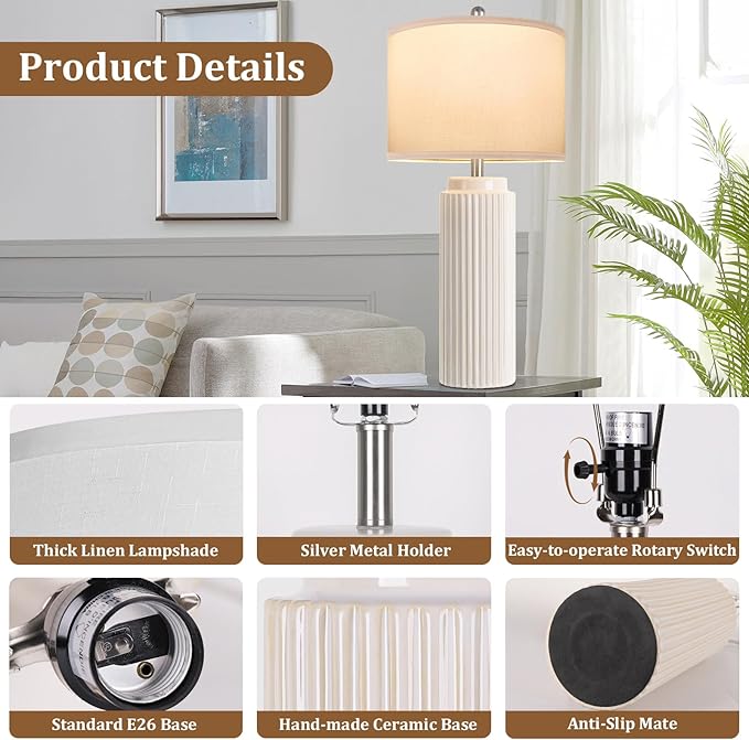 28’’ Farmhouse Ceramic Table Lamps Set of 2 for Living Room, Cream Vintage Bedside Table Lamps with White Linen Shade, Rustic Nightstand Lamps for Bedroom Home Office End Table Dorm - Bloomnest