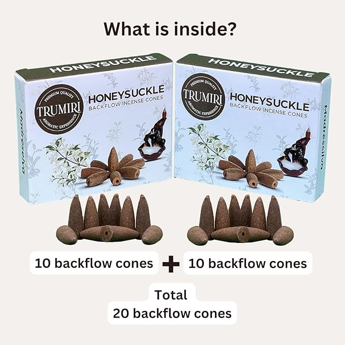 Honeysuckle Backflow Incense Cones - Total 20 Incense Cones Waterfall - Dual Pack of 10 Incense Backflow Cones - Waterfall Incense Cones - Incense Waterfall Cones TRUMIRI