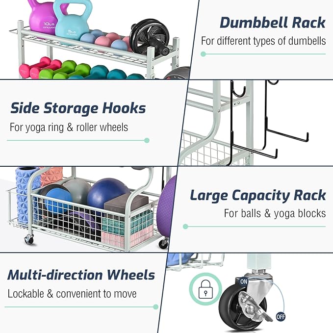 PLKOW Dumbbell Rack, Weight Rack for Dumbbells, Home Gym Storage for Dumbbells Kettlebells Yoga Mat and Balls, All in One Workout Storage with Wheels and Hooks, Powder Coated Finish Steel - Bloomnest