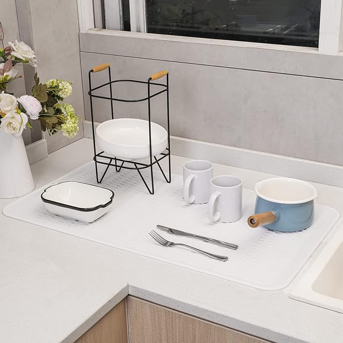 Silicone Dish Drying Mat for Multiple Usage,Easy clean,Eco-friendly,Heat-resistant Silicone Mat for Kitchen Counter or Sink,Refrigerator or Drawer Liner White 4XL 32 inches x 18 inches - Bloomnest