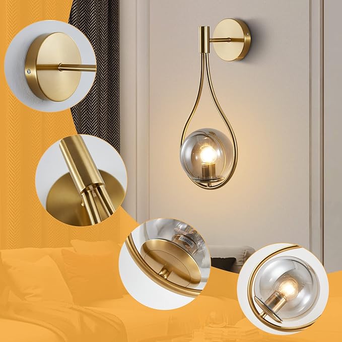 KCO Lighting Modern Vintage Gold Teardrop Wall Sconce Farmhouse Globe Wall Light Fixture Cordless Sconces Wall Lighting for Stairwell Bathroom Bedroom (Gold + Smoke Grey) - Bloomnest