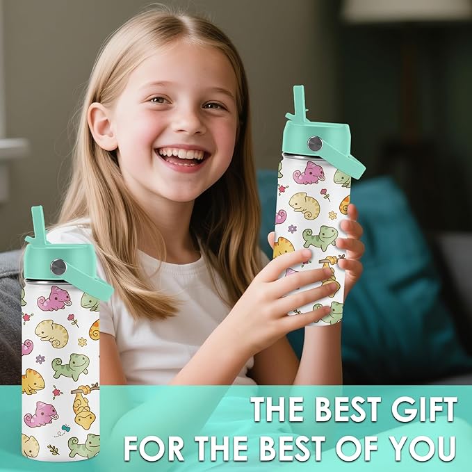 Axolotl Gifts for Girls - 16oz Green Axolotl Water Bottle with Straw Lid, Stainless Steel Insulated Tumbler, Leak Proof, for Boys, Sport, Travel, School - Animal Lovers Children Birthday Gift Cup(1pc) - Bloomnest