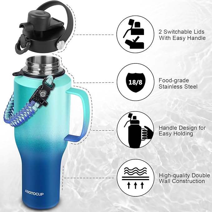 Water Bottle 40oz, Insulated Water Bottle with Handle & Straw Lids, Stainless Steel Water Bottle Fits in Any Car Cup Holder, Travel Cup Double Wall BPA-Free Leak-proof to Keep Cold &Hot - Bloomnest