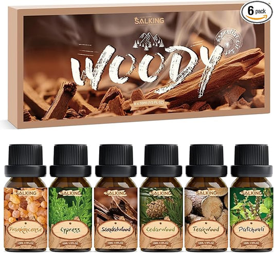 SALKING Woody Essential Oils Gift Set, Natural and Pure Aromatherapy Fragrance Oils for Diffuser, Humidifier, Massage- Frankincense, Teakwood, Sandalwood, Cypress, Cedarwood, Patchouli - Bloomnest