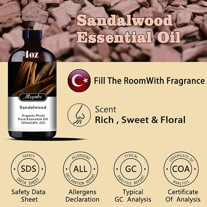 Sandalwood Fragrance Oil-Sandalwood Essential Oil 4.33oz (130ml)-100% Pure Natural Scent for Diffusers, Candles, Soap Making & Aromatherapy-Relaxing Home & Gift Essential Oil for Bath, Massage - Bloomnest